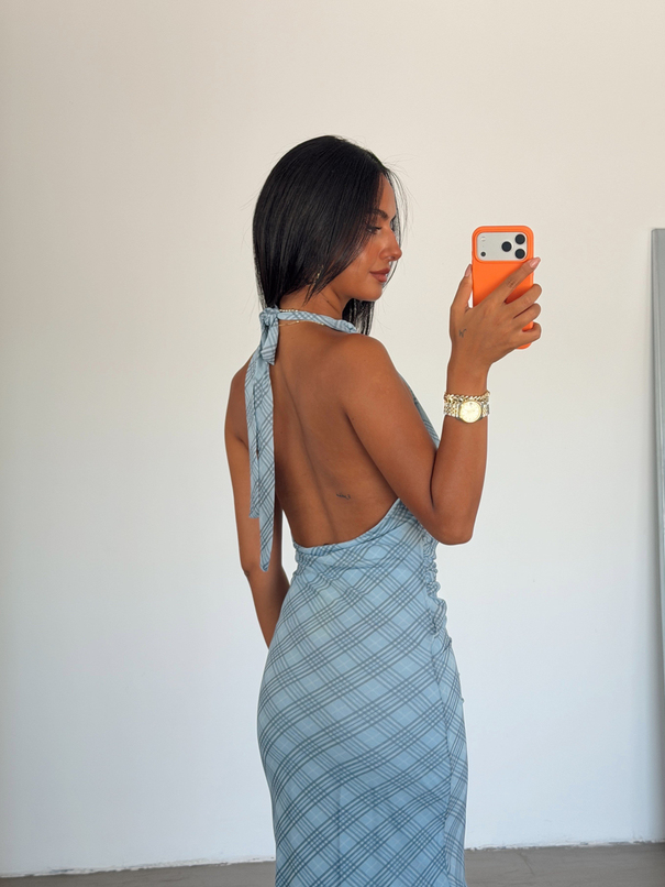 Drape Detaylı Boyundan Bağlamalı Elbise - Mavi