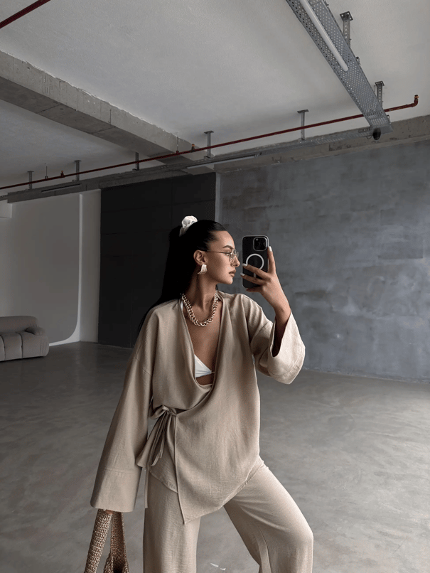 Belden Bağlamalı Keten Kimono Takım - Vizon