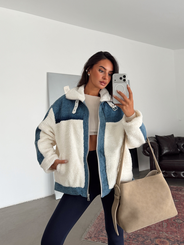 Denim Detaylı Peluş Mont - Beyaz