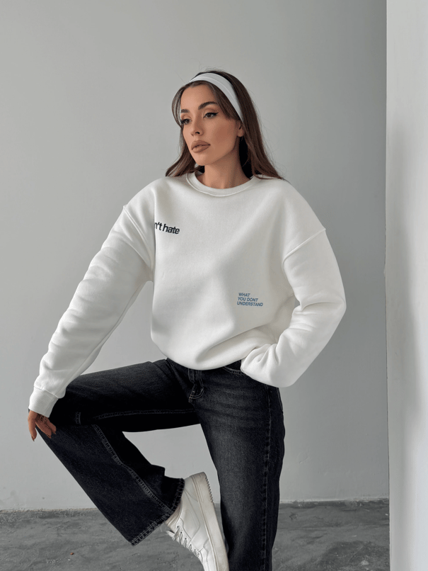 Bisiklet Yaka Baskılı Sweat - Beyaz