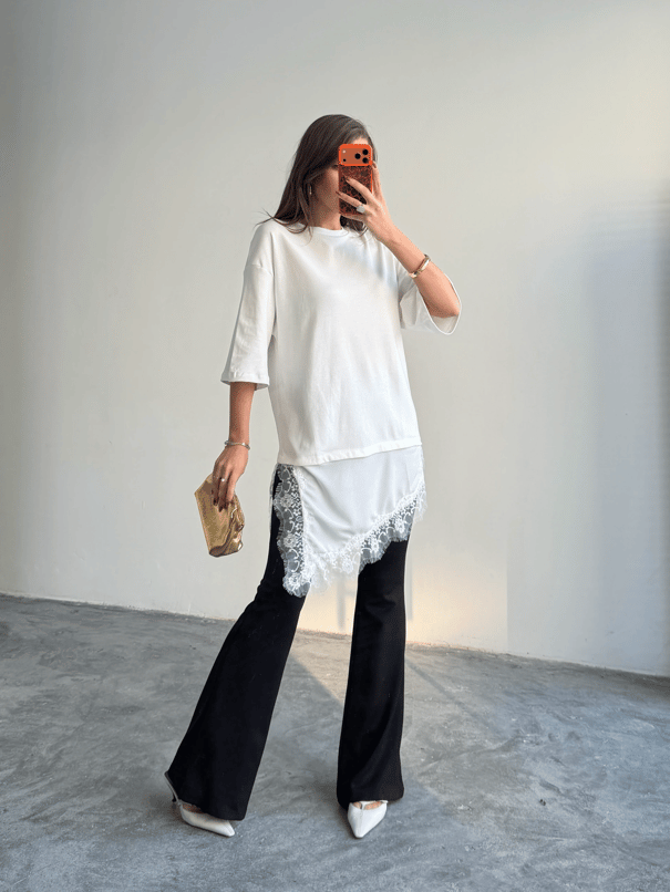Dantel Detaylı Oversize Basic - Ekru