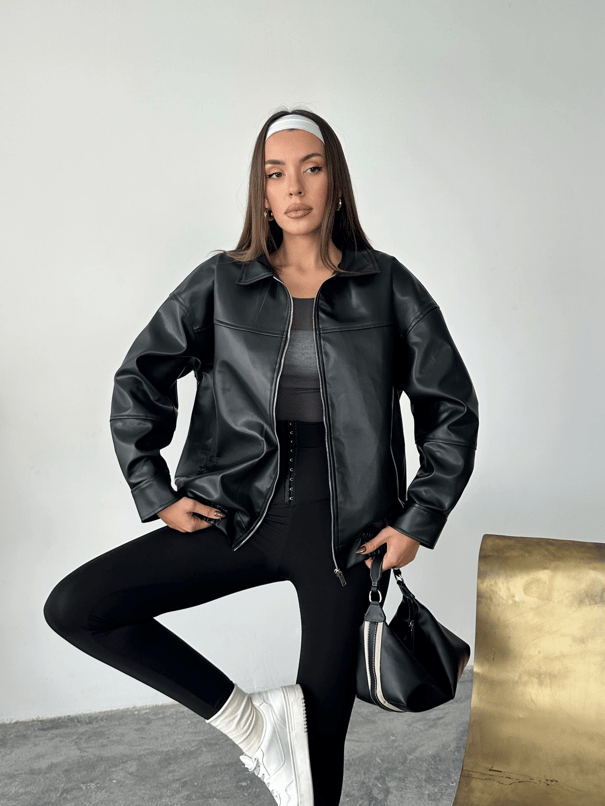 Deri Fermuarlı Bomber Mont - Siyah