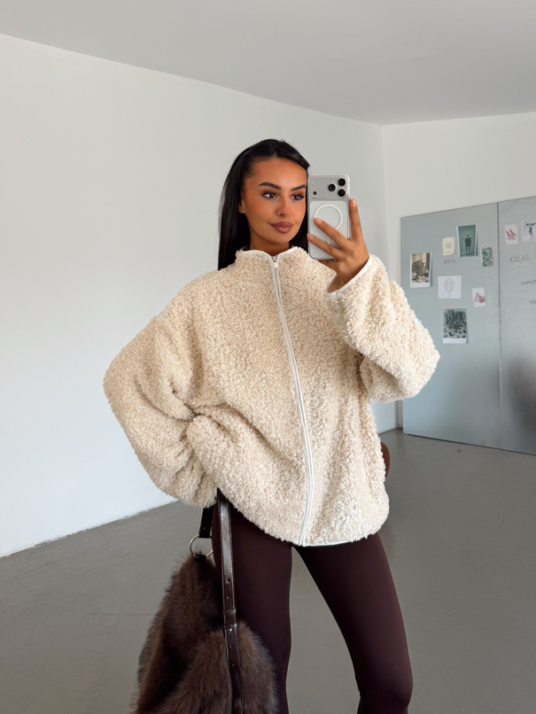 Peluş Dokulu Fermuarlı Ceket - Taş