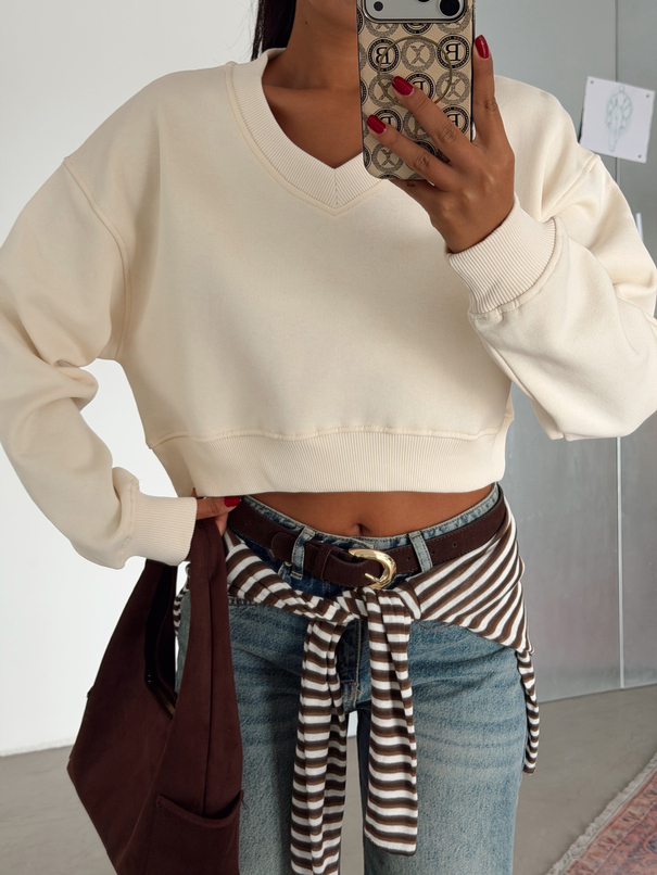 V Yaka Ribanalı Sweatshirt - Taş