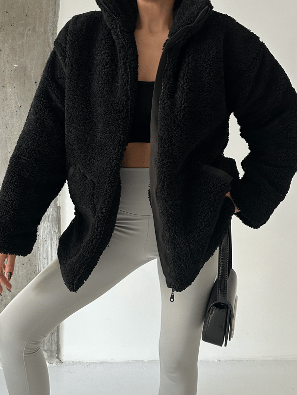 İç Astarlı Oversize Peluş Mont  - Siyah