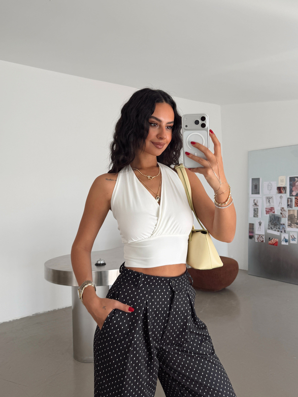 Kruvaze Yaka Boyundan Geçmeli Crop - Beyaz