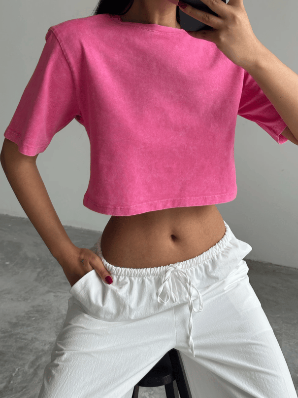 Yıkamalı Vatkalı Crop Basic - Pembe