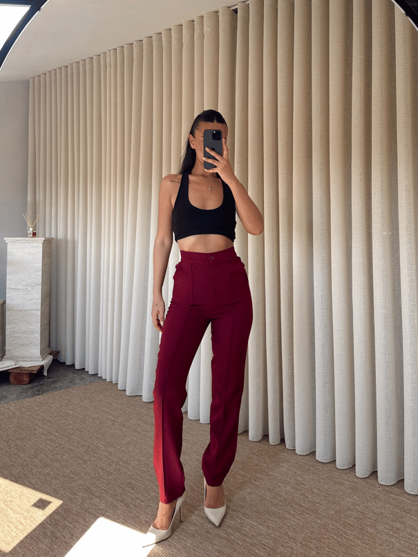 Beli Lastikli Çımalı Pantolon  - Bordo