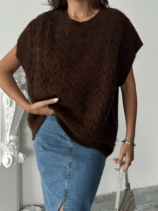 Saç Örgü Oversize Süveter - Kahve