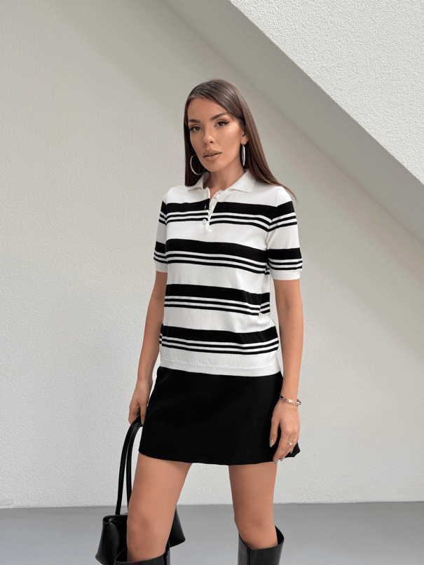 Polo Yaka Çizgili Kısa Kol Triko - Siyah-Beyaz