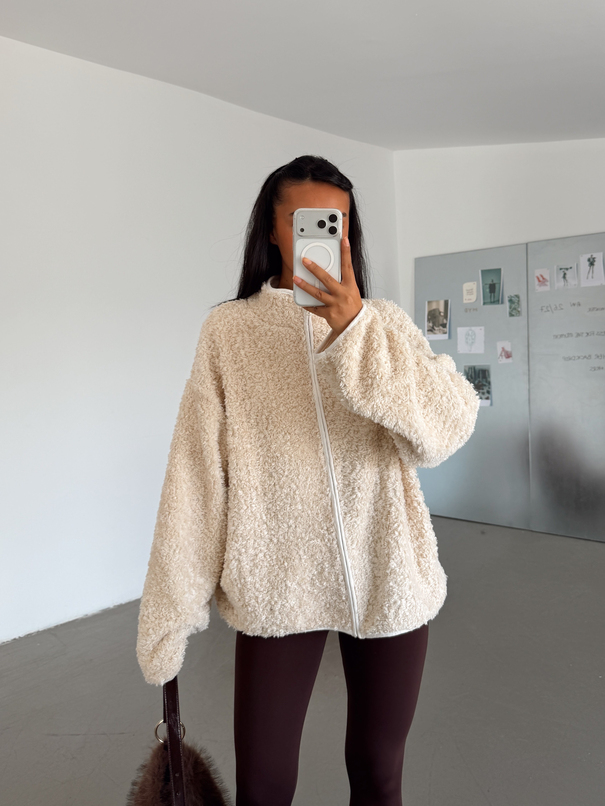 Peluş Dokulu Fermuarlı Ceket - Taş