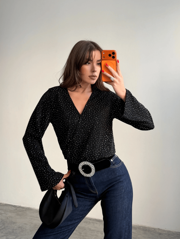 Taşlı Uzun Kol Bodysuit - Siyah