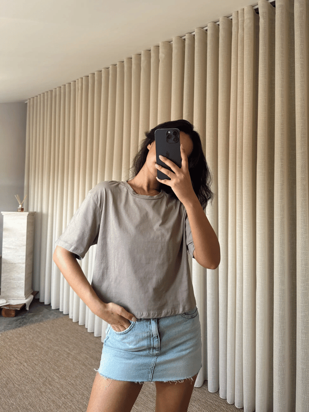 Düz Kısa Kol Crop Basic - Vizon