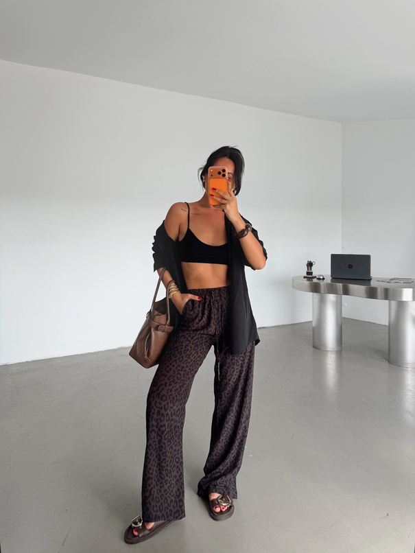 Desenli Parlak Keten Pantolon - Kahve