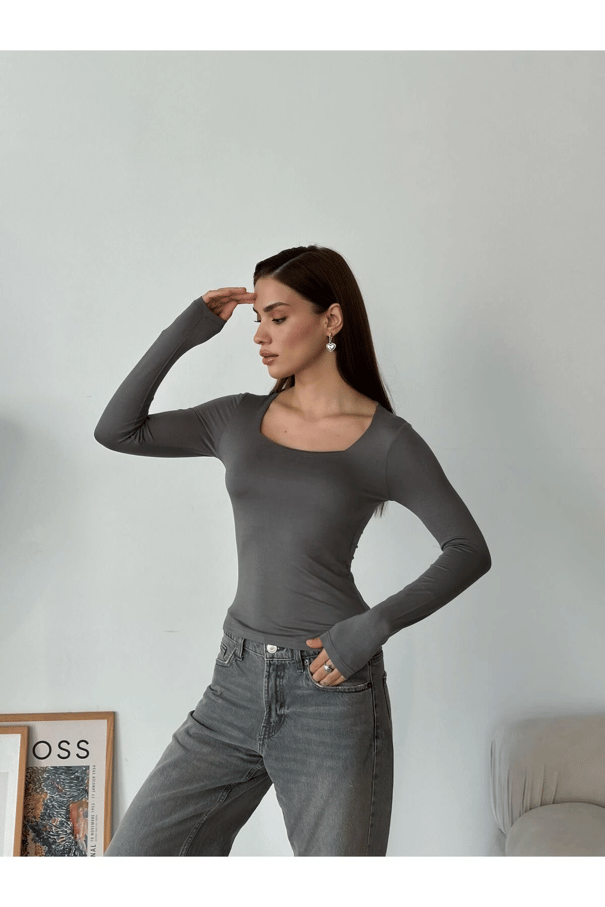 Kare Yaka Basic Bluz Gri - Gri
