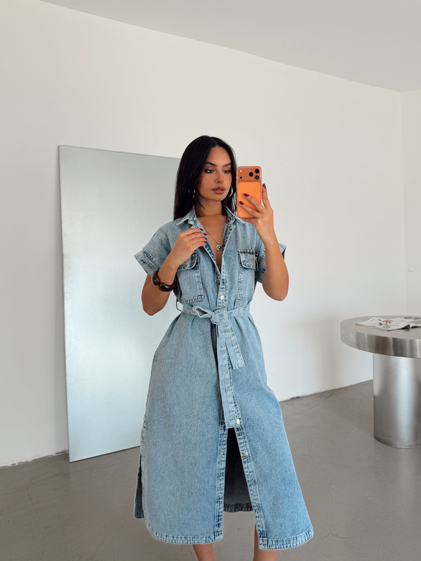 Bağlamalı Kısa Kol Denim Elbise - Buz Mavi