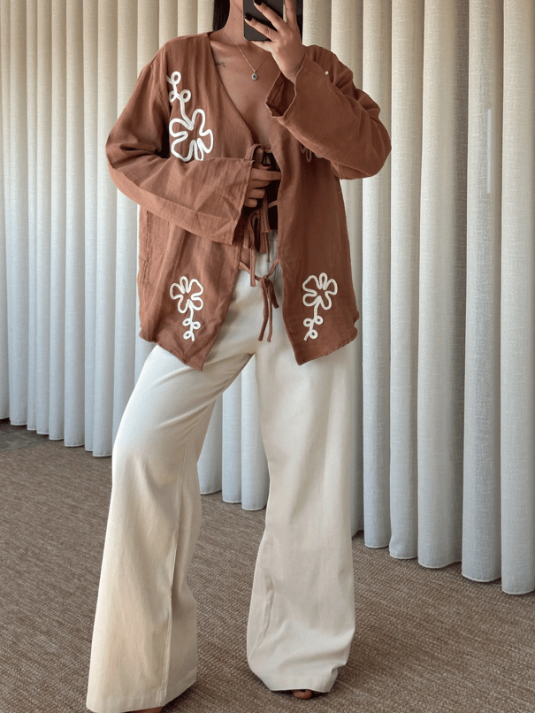 Nakışlı Kimono Takım  - Kahve