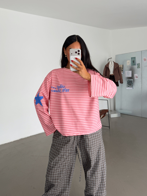 Paris Baskılı Çizgili Sweat - Pembe