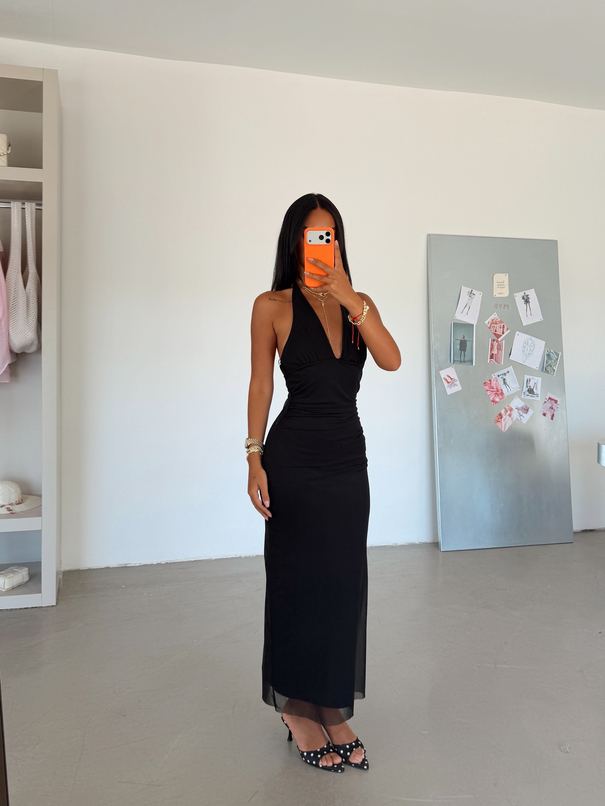 Drape Detaylı Boyundan Bağlamalı Elbise - Siyah