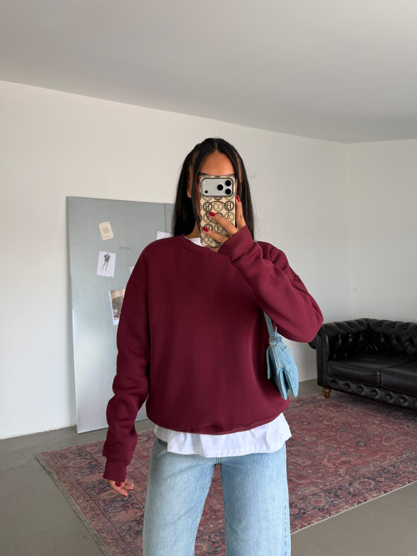 Düz Basic Sweatshırt - Bordo