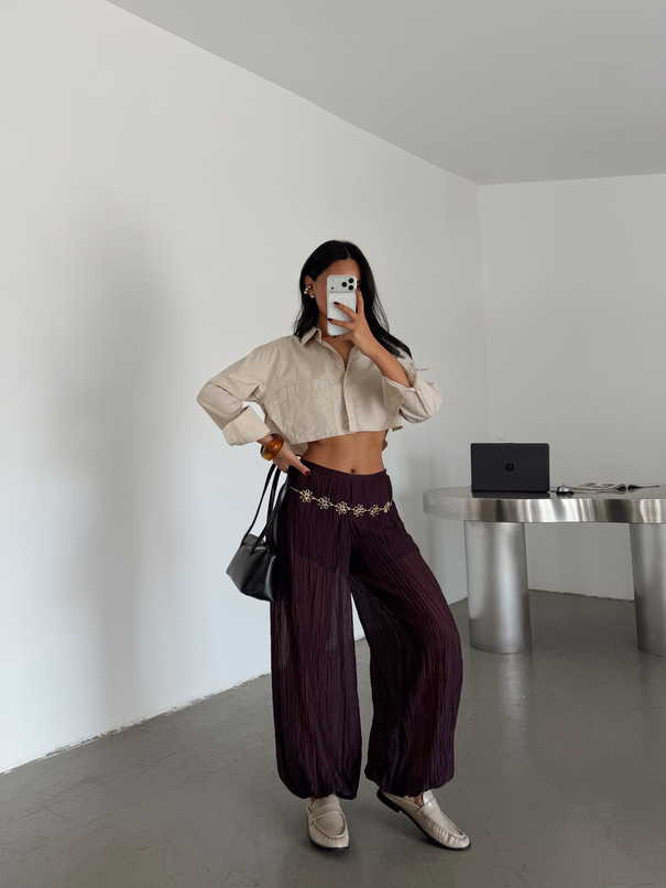 Transparan Müslin Kumaş Balon Pantolon - Mürdüm