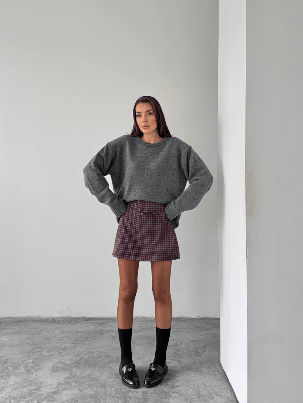 Bel Bağlama Ekose Mini Etek - Bordo