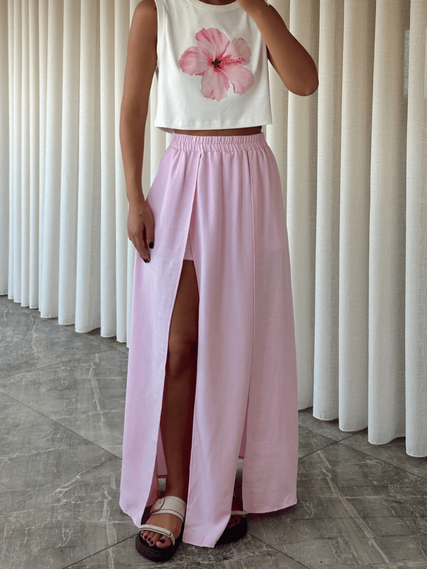 İçi Şortlu Derin Yırtmaç Maxi Etek - Pembe