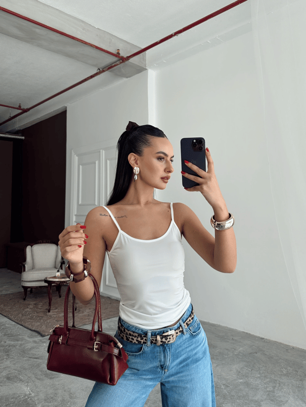 Likralı İp Askı Atlet - Beyaz