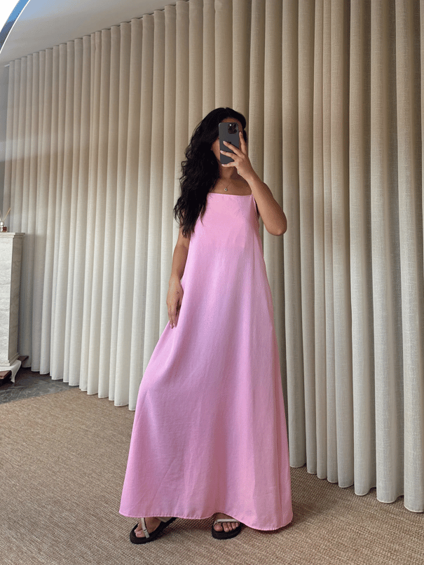 Cepli Keten Elbise - Pembe