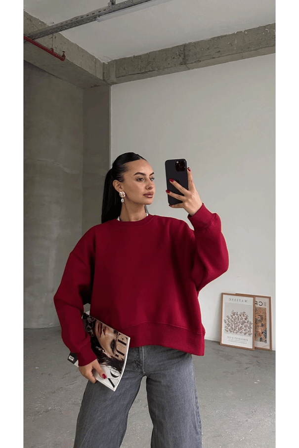 Sage Bisiklet Yaka Sweatshirt Bordo - Bordo