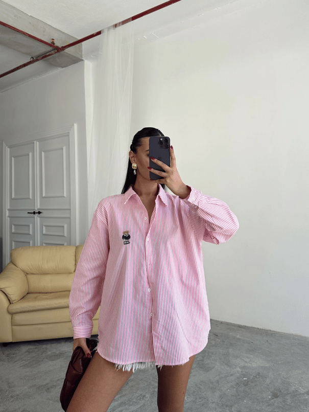 Bear Nakışlı Çizgili Gömlek - Pembe