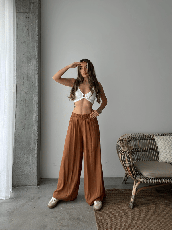 Bel Lastik Tiril Palazzo Pantolon Taba - Taba
