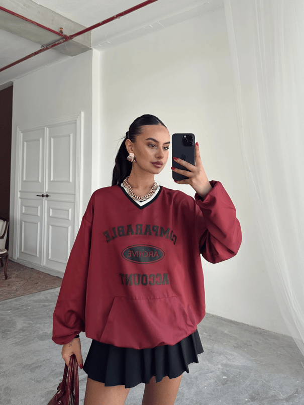 Önü Baskılı Şerit Detay Sweat - Bordo