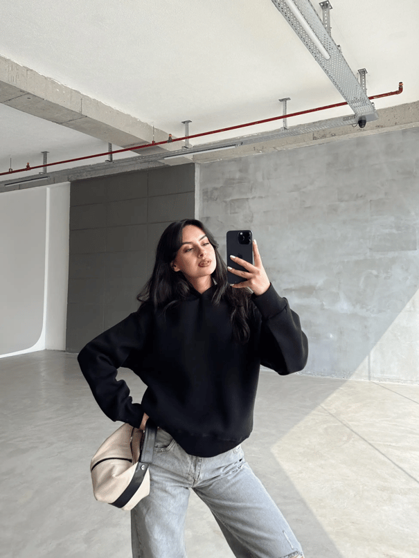Kapüşonlu Sweatshırt Siyah - Siyah