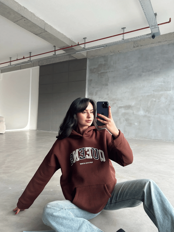 Queens Üç İplik Kapüşonlu Oversize Sweat Kahverengi - Kahverengi