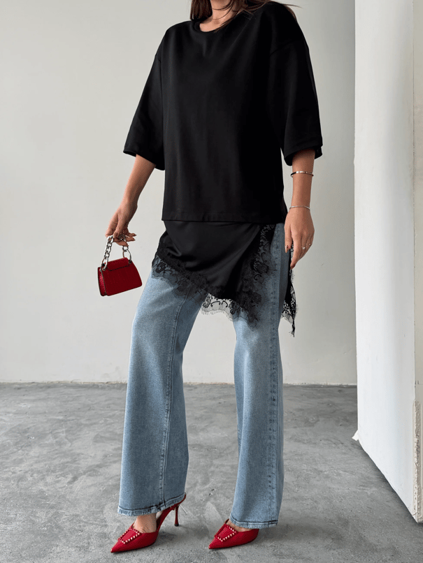 Dantel Detaylı Oversize Basic - Siyah