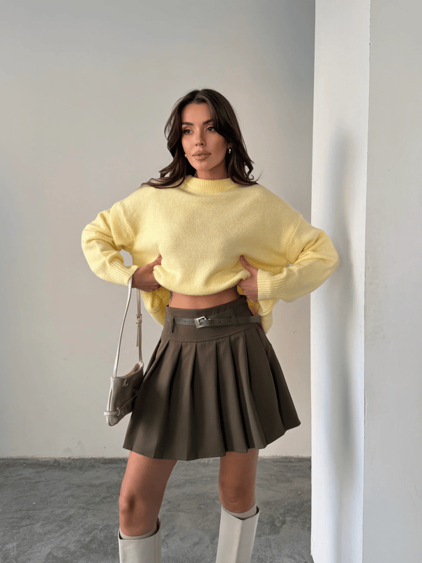 Kemerli Pileli Mini Etek - Haki Yeşil