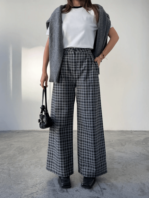 Ekose Üç Pile Palazzo Pantolon  - Siyah