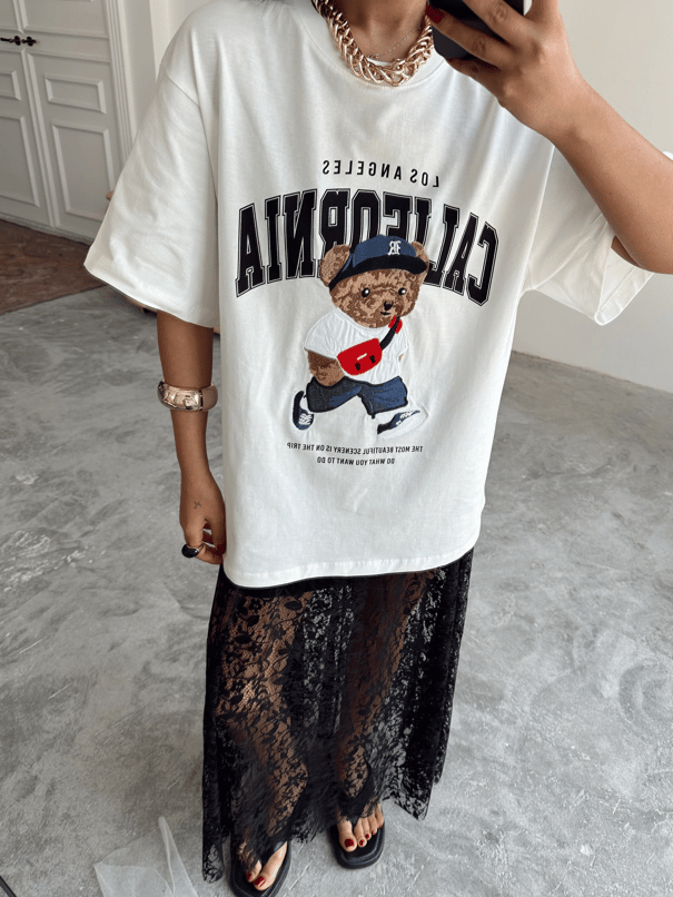 Oversize Bear Nakışlı T-shirt - Ekru