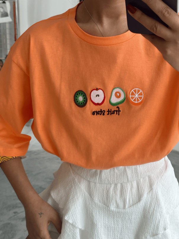 Fruit Nakış Basic T-shirt Turuncu - Turuncu