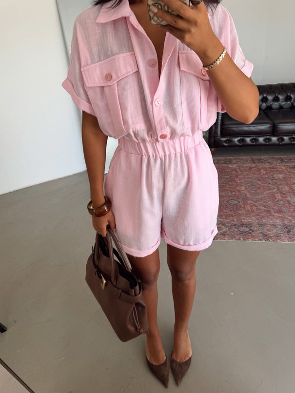 Beli Lastikli Mini Tulum - Pembe