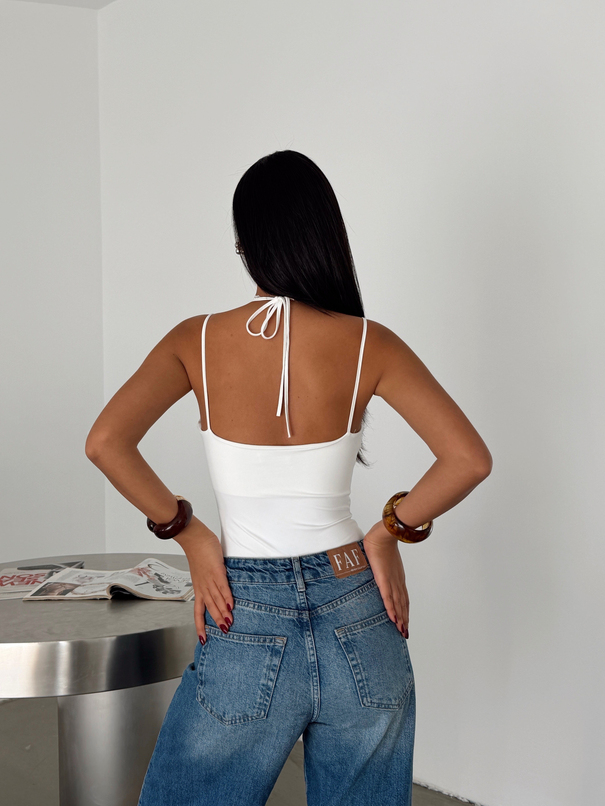 Boyundan Bağlama Dantel Bodysuit - Beyaz