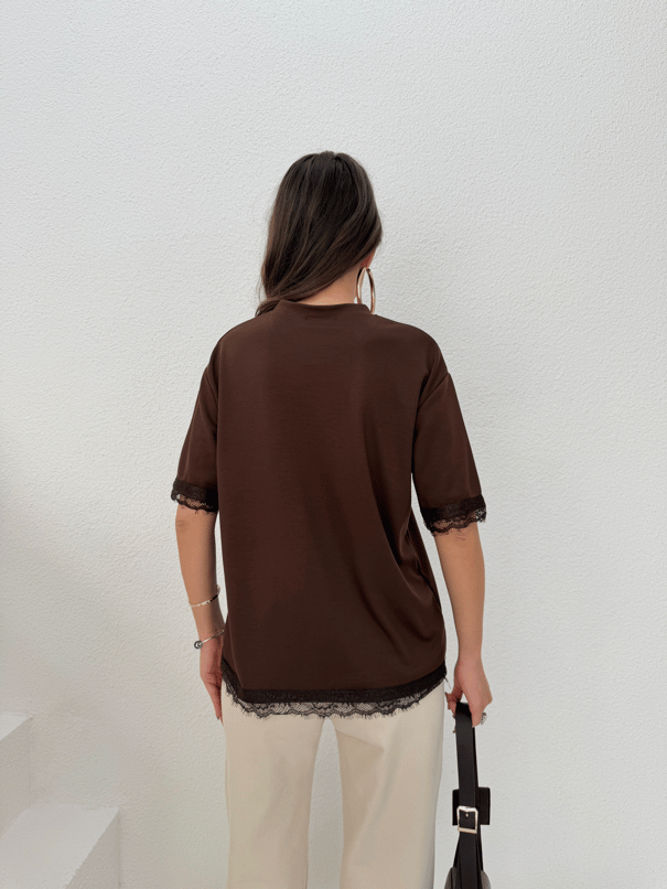 Dantel Detay Basic Tshirt - Kahve