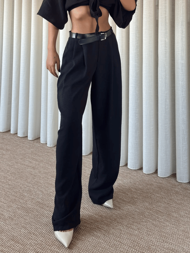  Kemerli Keten Pantolon - Siyah