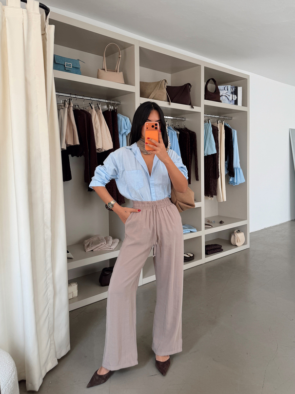 Tensel Kumaş Beli Lastikli Pantolon - Vizon