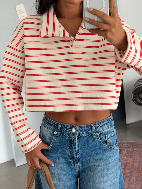 Polo Yaka Çizgili Crop Sweat - Kırmızı