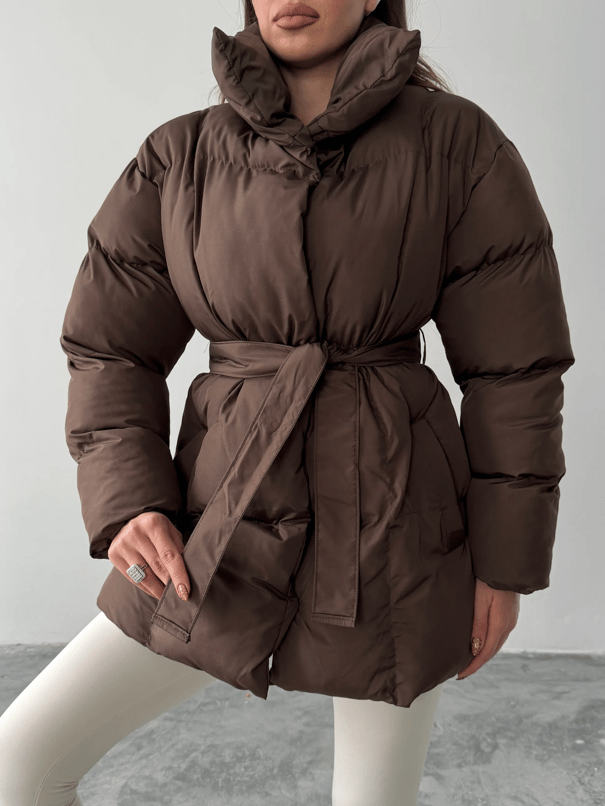 Kuşaklı Şişme Mont  - Kahve
