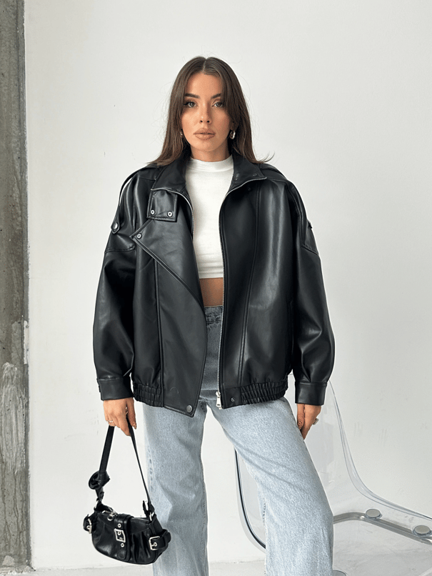 Oversize Iconıc Deri Ceket  - Siyah