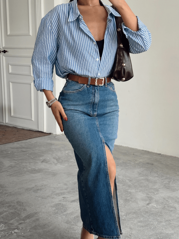 Uzun Ön Yırtmaç Denim Etek - Mavi