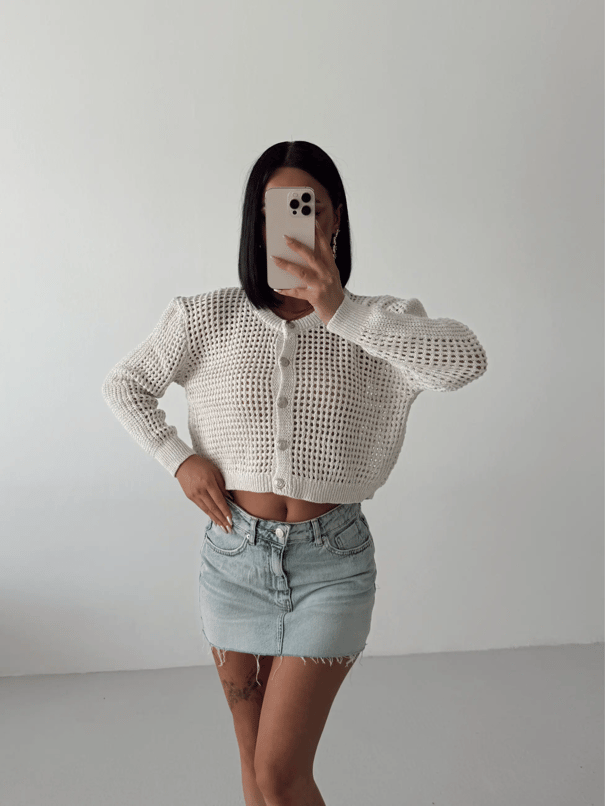 Simli Crop Hırka  - Krem